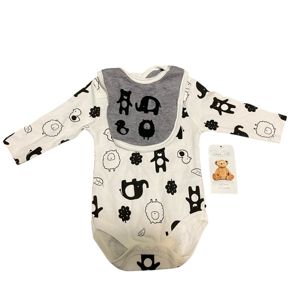 Baby Onesie w Bib Animals White Black Monochrome Boy Girl Shirt Clothing 4/$20 🛑